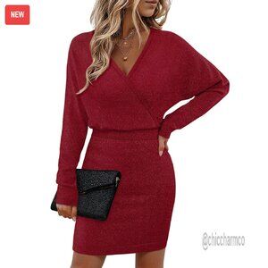Sexy V-Neck Batwing Sleeve Sparkly Bodycon Midi Sweater Dress